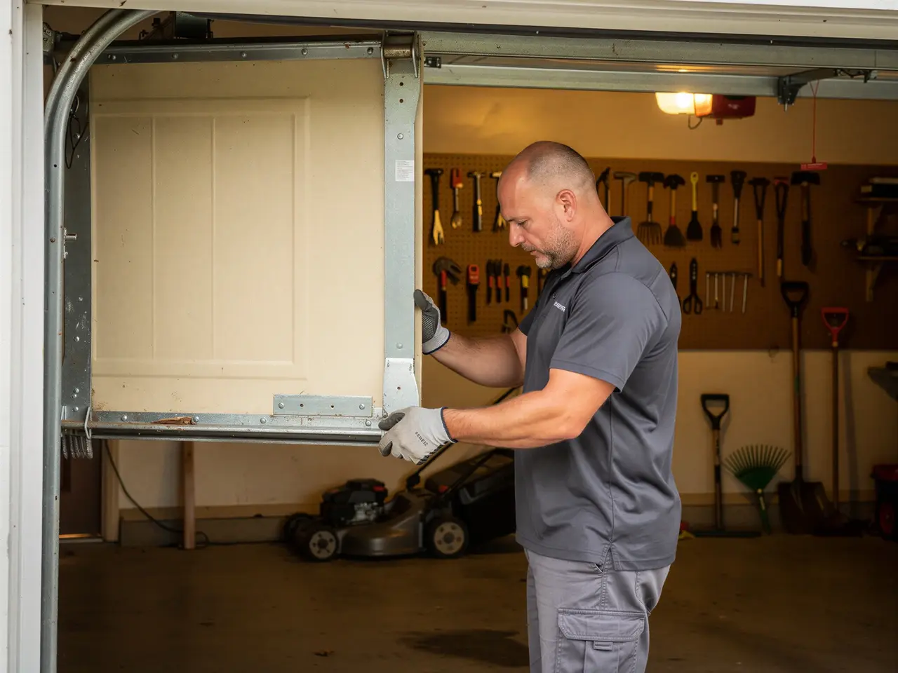 A technician in a gray shirt is working on a garage door panel.