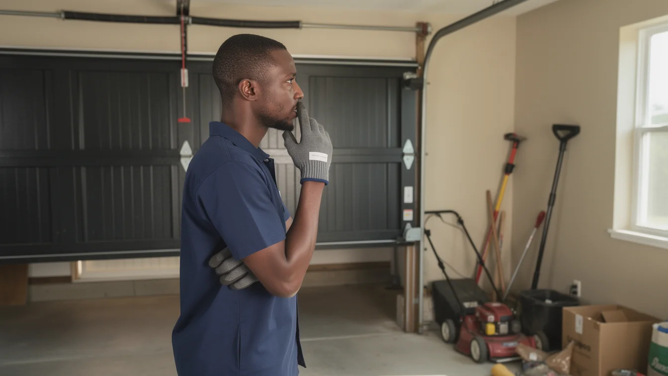 A technician in a blue shirt and gray gloves stands in a garage.